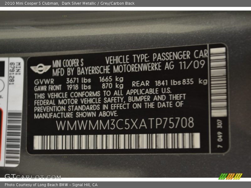 Dark Silver Metallic / Grey/Carbon Black 2010 Mini Cooper S Clubman