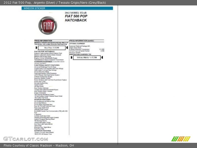 Argento (Silver) / Tessuto Grigio/Nero (Grey/Black) 2012 Fiat 500 Pop