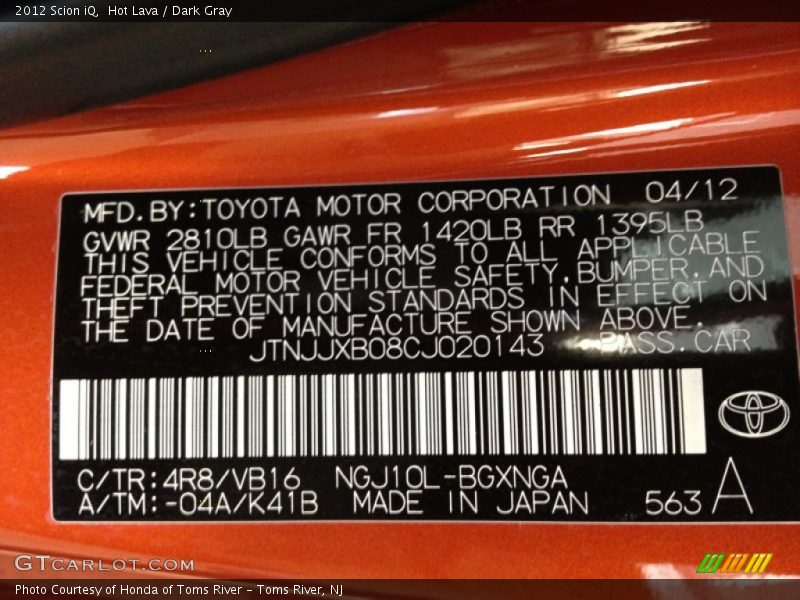 Hot Lava / Dark Gray 2012 Scion iQ