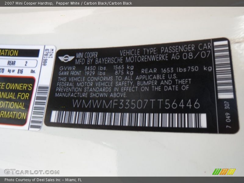 Pepper White / Carbon Black/Carbon Black 2007 Mini Cooper Hardtop
