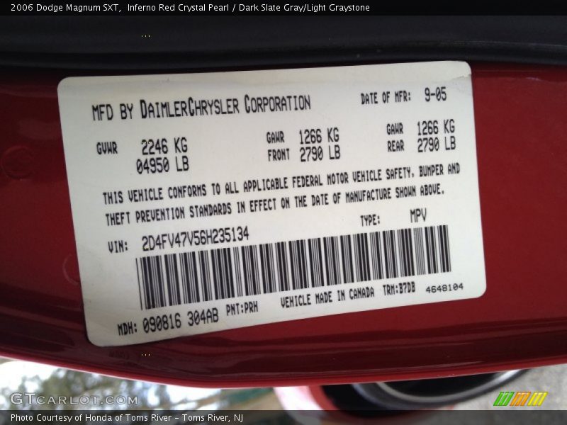 2006 Magnum SXT Inferno Red Crystal Pearl Color Code PRH