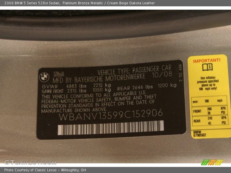 Platinum Bronze Metallic / Cream Beige Dakota Leather 2009 BMW 5 Series 528xi Sedan