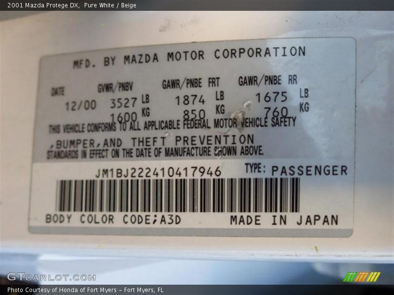 2001 Protege DX Pure White Color Code A3D
