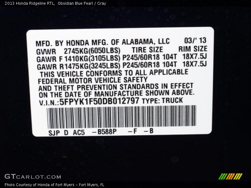Obsidian Blue Pearl / Gray 2013 Honda Ridgeline RTL
