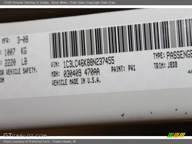 Stone White / Dark Slate Gray/Light Slate Gray 2008 Chrysler Sebring LX Sedan