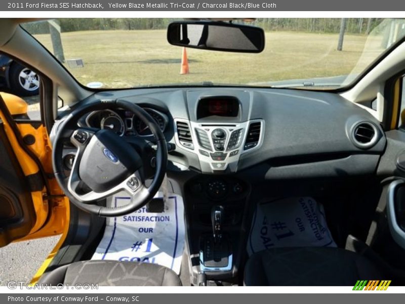 Yellow Blaze Metallic Tri-Coat / Charcoal Black/Blue Cloth 2011 Ford Fiesta SES Hatchback