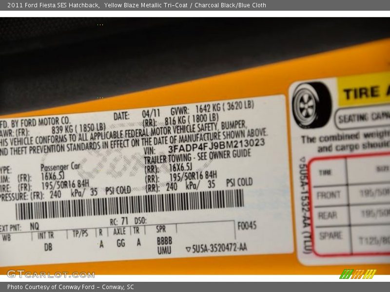 2011 Fiesta SES Hatchback Yellow Blaze Metallic Tri-Coat Color Code NQ