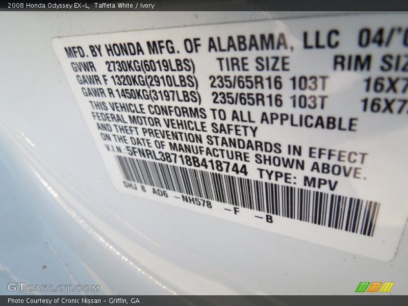 Taffeta White / Ivory 2008 Honda Odyssey EX-L