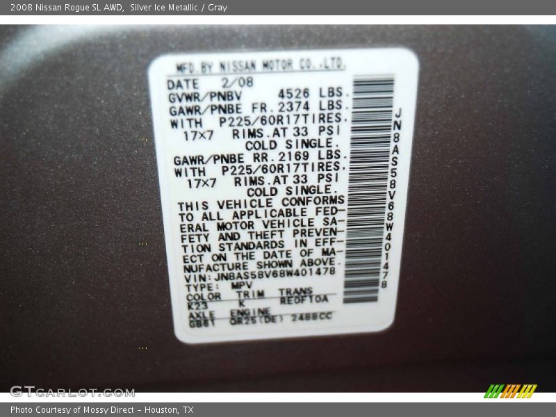 2008 Rogue SL AWD Silver Ice Metallic Color Code K23
