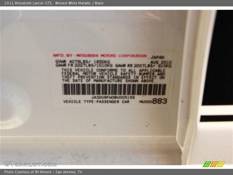 Wicked White Metallic / Black 2011 Mitsubishi Lancer GTS
