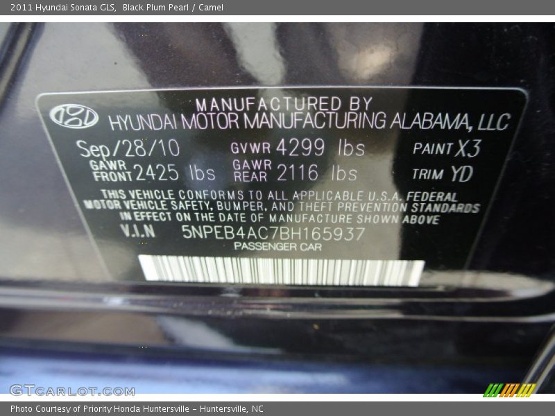 2011 Sonata GLS Black Plum Pearl Color Code X3