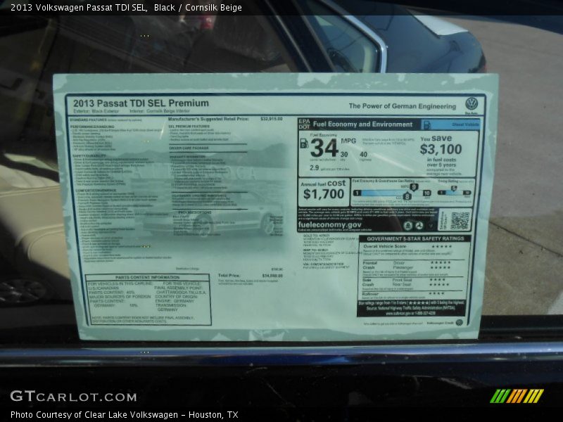 Black / Cornsilk Beige 2013 Volkswagen Passat TDI SEL