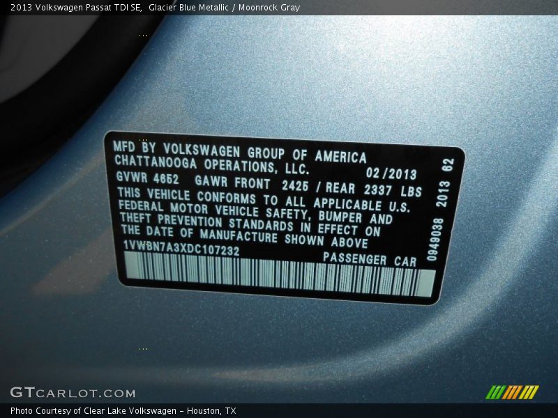 Glacier Blue Metallic / Moonrock Gray 2013 Volkswagen Passat TDI SE