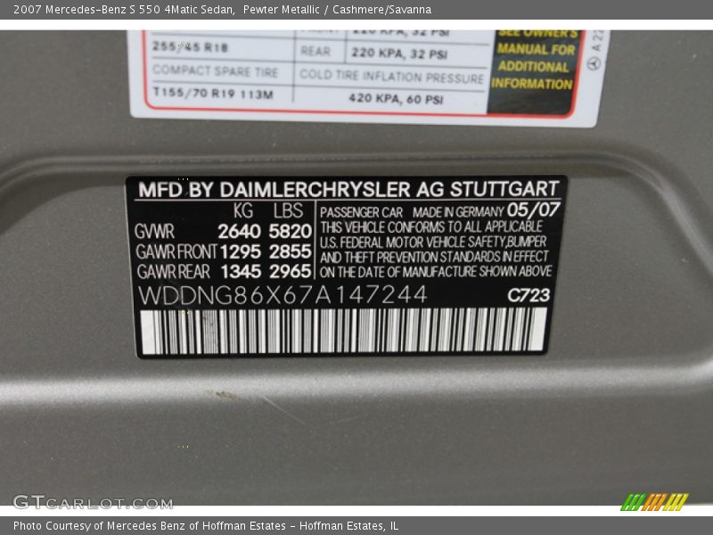 2007 S 550 4Matic Sedan Pewter Metallic Color Code 723