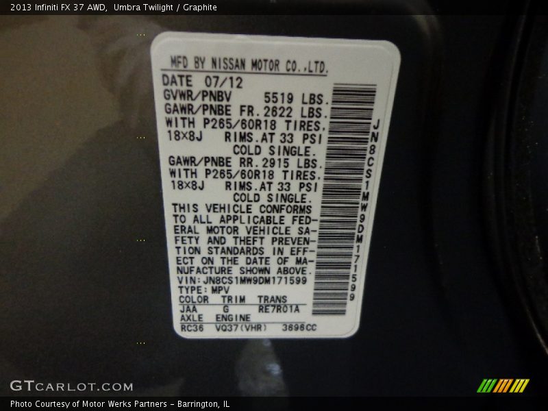 2013 FX 37 AWD Umbra Twilight Color Code JAA