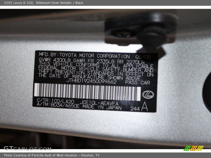 2005 IS 300 Millenium Silver Metallic Color Code 1C0