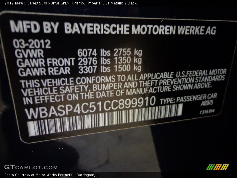 2012 5 Series 550i xDrive Gran Turismo Imperial Blue Metallic Color Code A89