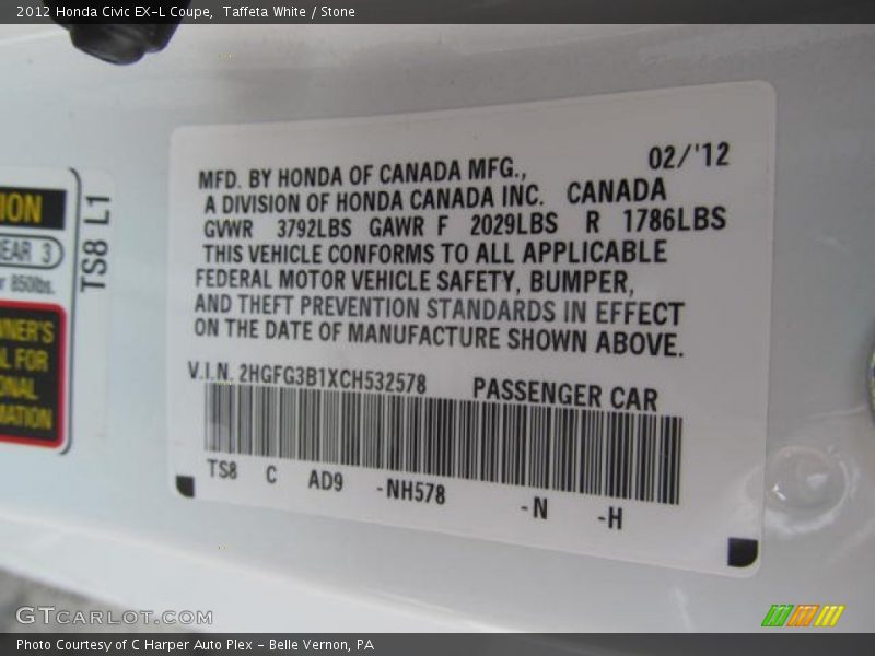 Taffeta White / Stone 2012 Honda Civic EX-L Coupe