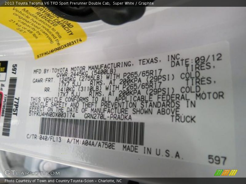 2013 Tacoma V6 TRD Sport Prerunner Double Cab Super White Color Code 040