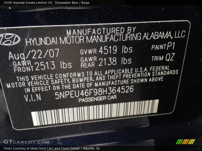 2008 Sonata Limited V6 Deepwater Blue Color Code P1