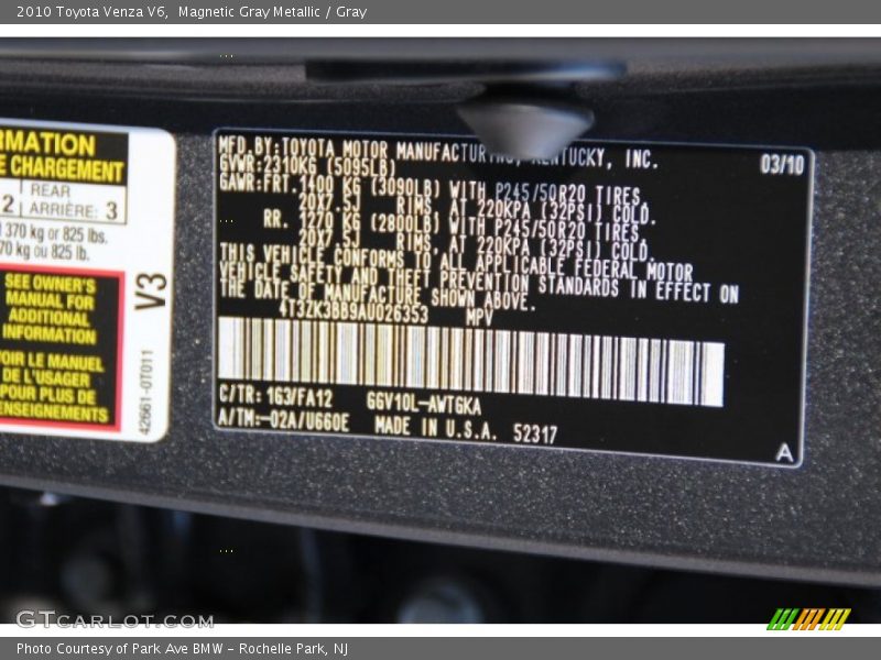 2010 Venza V6 Magnetic Gray Metallic Color Code 1G3