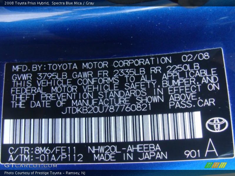 2008 Prius Hybrid Spectra Blue Mica Color Code 8M6