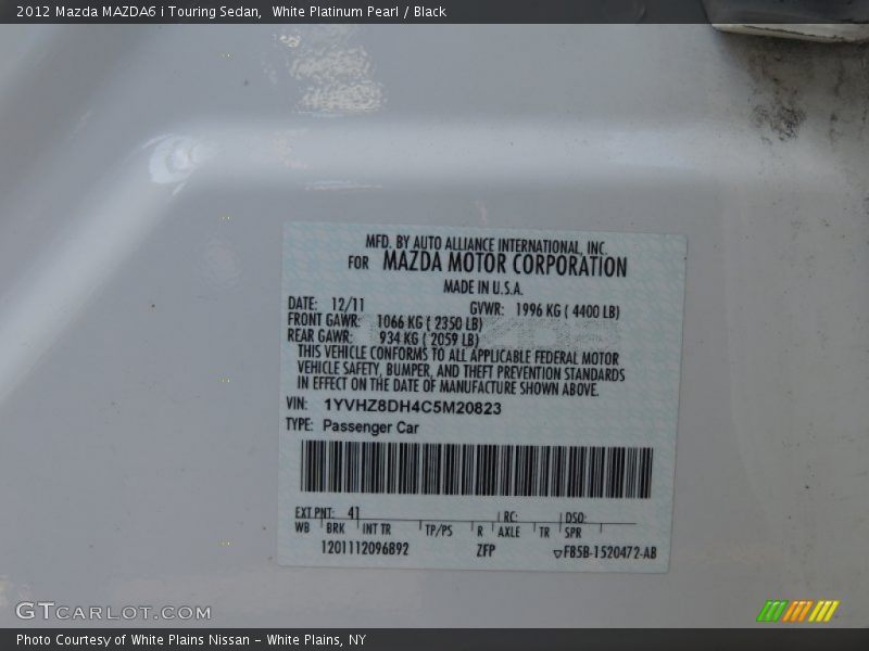 White Platinum Pearl / Black 2012 Mazda MAZDA6 i Touring Sedan