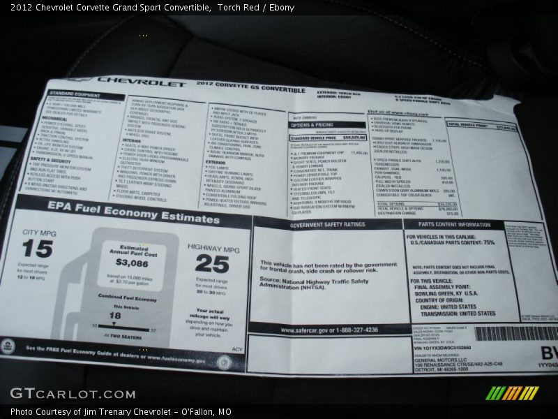  2012 Corvette Grand Sport Convertible Window Sticker