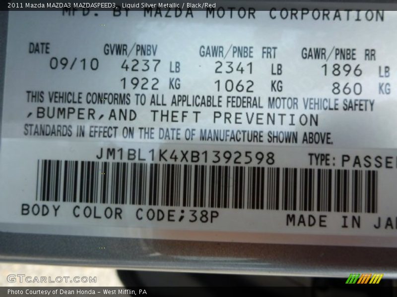 2011 MAZDA3 MAZDASPEED3 Liquid Silver Metallic Color Code 38P