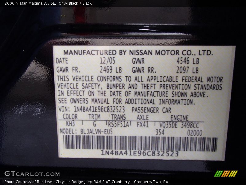 2006 Maxima 3.5 SE Onyx Black Color Code KH3