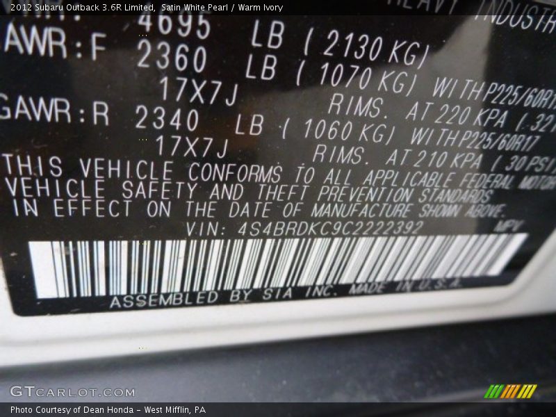 Satin White Pearl / Warm Ivory 2012 Subaru Outback 3.6R Limited