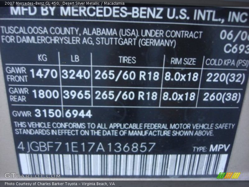 2007 GL 450 Desert Silver Metallic Color Code 693