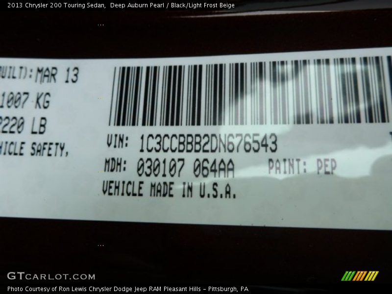 Deep Auburn Pearl / Black/Light Frost Beige 2013 Chrysler 200 Touring Sedan
