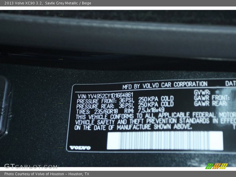Info Tag of 2013 XC90 3.2