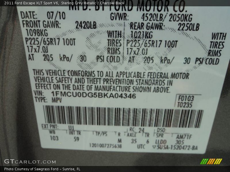 Sterling Grey Metallic / Charcoal Black 2011 Ford Escape XLT Sport V6