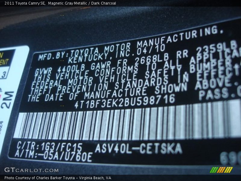 Magnetic Gray Metallic / Dark Charcoal 2011 Toyota Camry SE