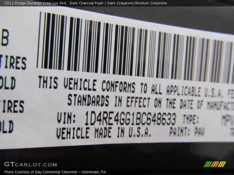 2011 Durango Crew Lux 4x4 Dark Charcoal Pearl Color Code PAV