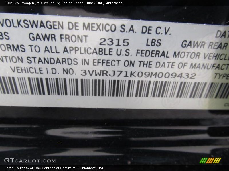 Black Uni / Anthracite 2009 Volkswagen Jetta Wolfsburg Edition Sedan