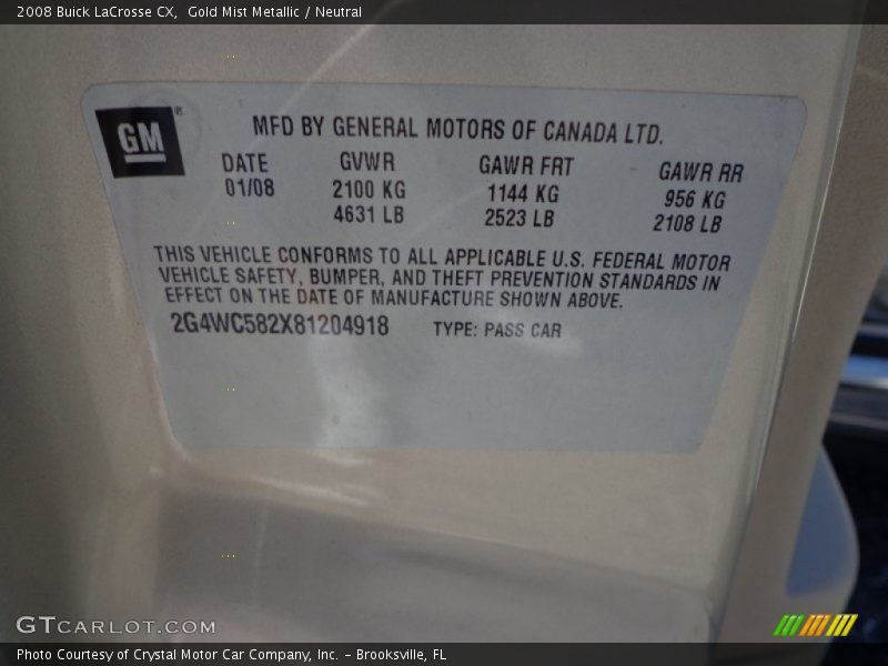 Gold Mist Metallic / Neutral 2008 Buick LaCrosse CX