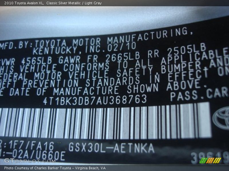 2010 Avalon XL Classic Silver Metallic Color Code 1F7