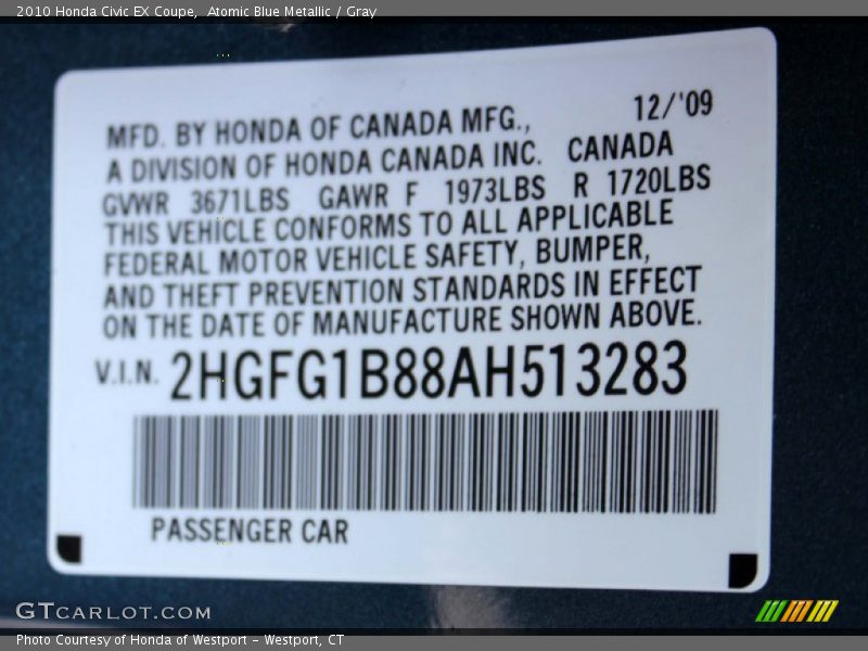 Atomic Blue Metallic / Gray 2010 Honda Civic EX Coupe
