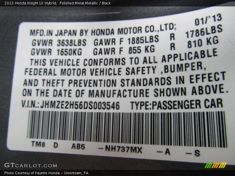 2013 Insight LX Hybrid Polished Metal Metallic Color Code NH737MX
