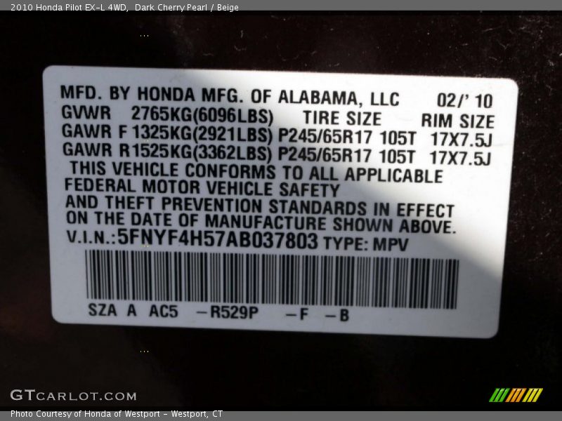 Dark Cherry Pearl / Beige 2010 Honda Pilot EX-L 4WD