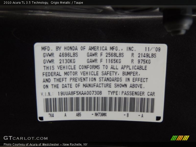 Grigio Metallic / Taupe 2010 Acura TL 3.5 Technology