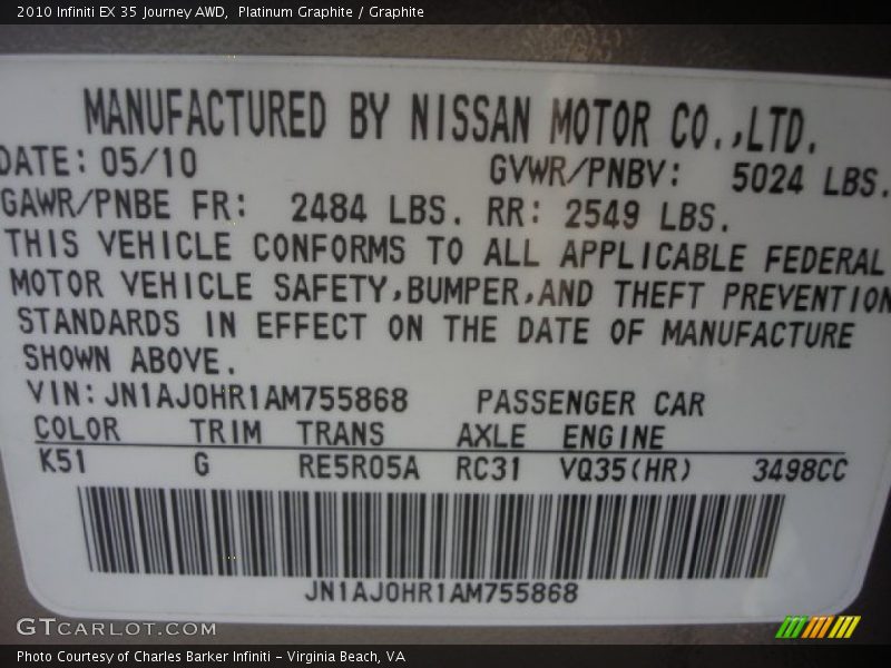 Platinum Graphite / Graphite 2010 Infiniti EX 35 Journey AWD