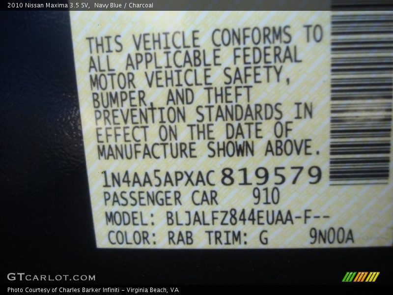 2010 Maxima 3.5 SV Navy Blue Color Code RAB