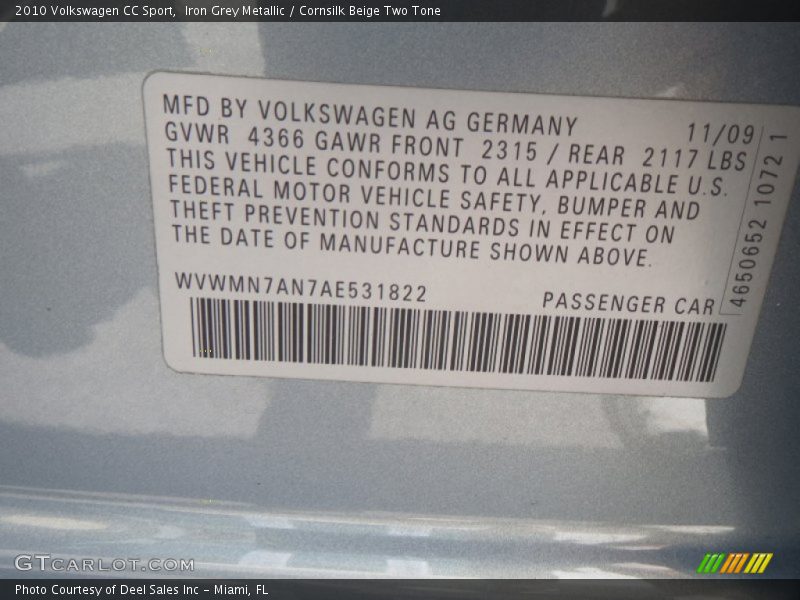 Iron Grey Metallic / Cornsilk Beige Two Tone 2010 Volkswagen CC Sport