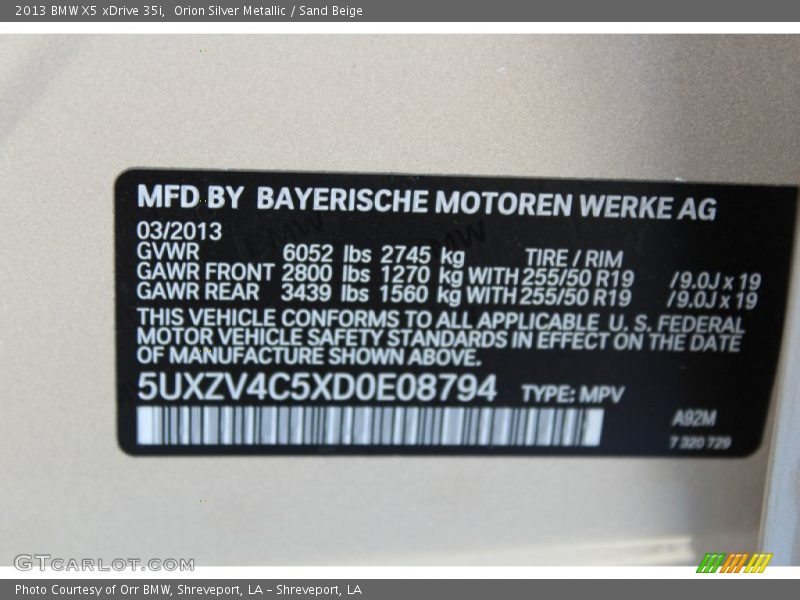 2013 X5 xDrive 35i Orion Silver Metallic Color Code A92