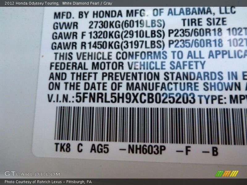 White Diamond Pearl / Gray 2012 Honda Odyssey Touring