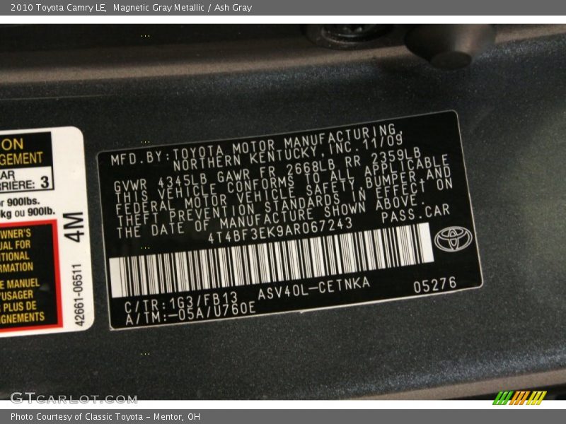 Magnetic Gray Metallic / Ash Gray 2010 Toyota Camry LE